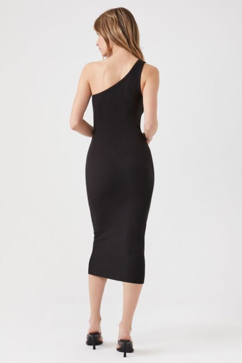 Vestido Forever 21 Acanalado One Shoulder Midi Mujer Negras | 9ORzFCfy8zy