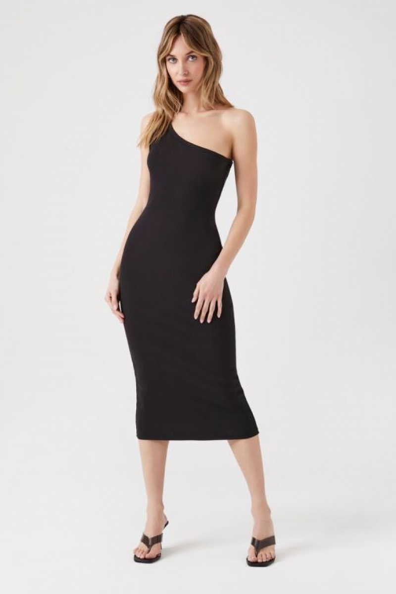 Vestido Forever 21 Acanalado One Shoulder Midi Mujer Negras | 9ORzFCfy8zy