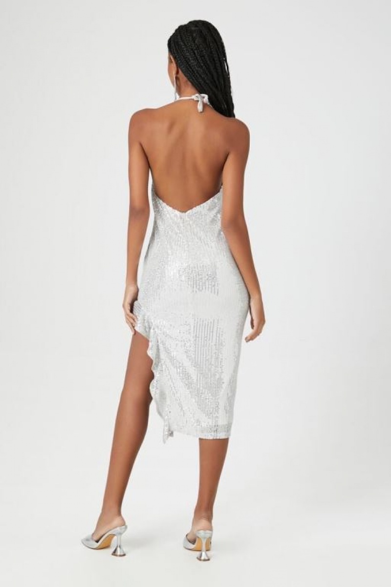 Vestido Forever 21 Asymmetrical Sequin Halter Midi Mujer Plateadas | 42jES4tAw7Q