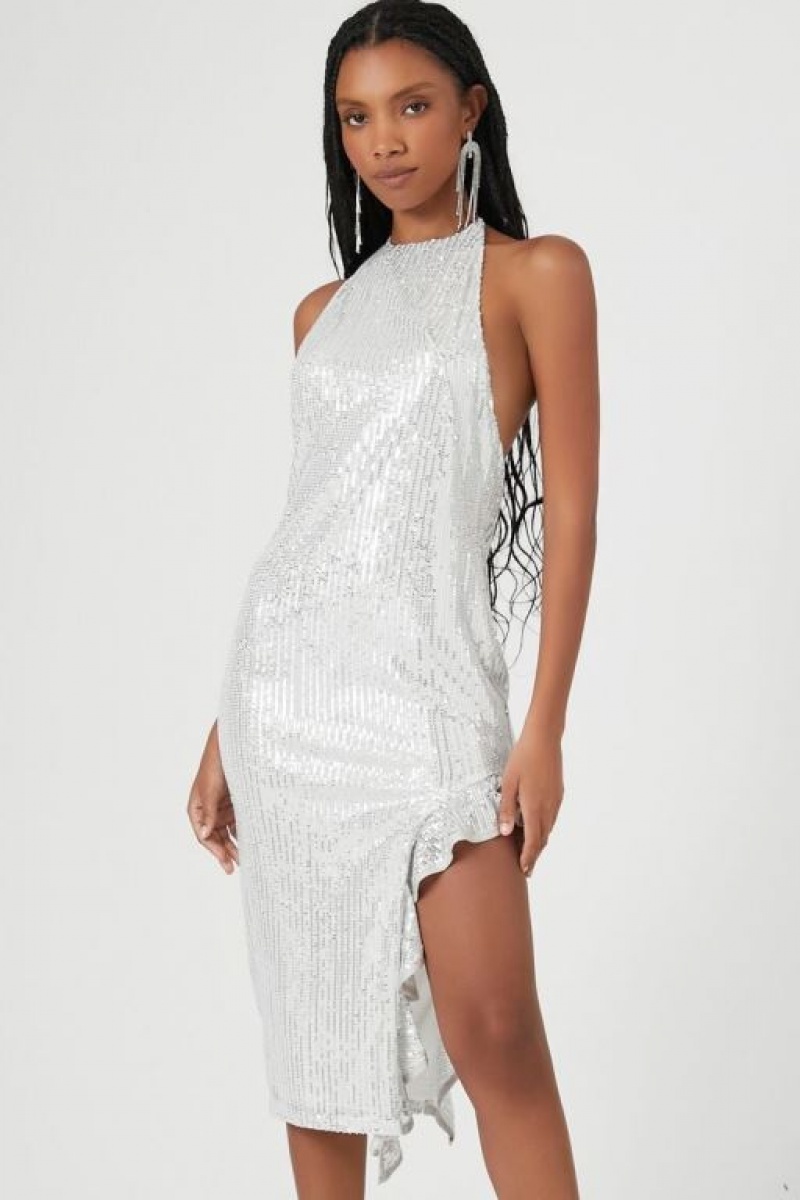 Vestido Forever 21 Asymmetrical Sequin Halter Midi Mujer Plateadas | 42jES4tAw7Q