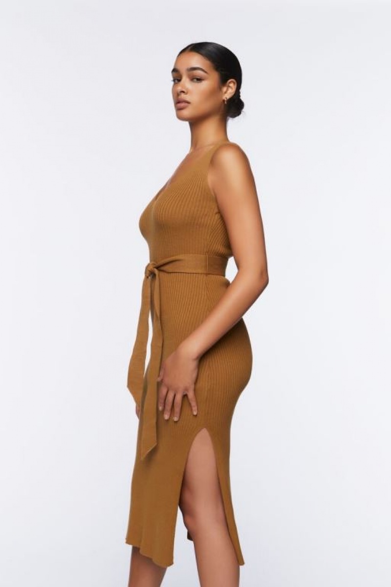 Vestido Forever 21 Belted Acanalado M Slit Midi Mujer Maple | fRTM9Jh6XIg