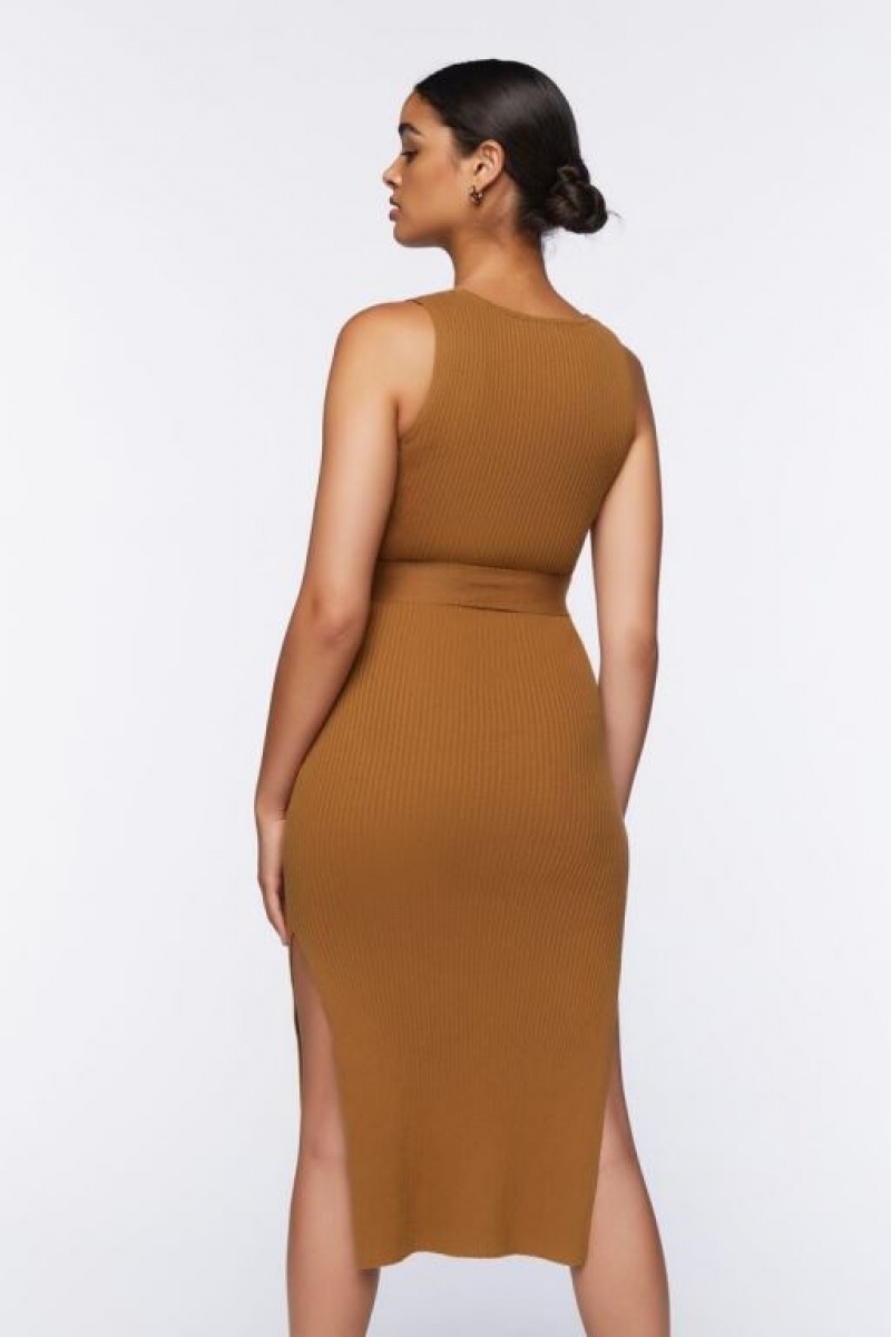 Vestido Forever 21 Belted Acanalado M Slit Midi Mujer Maple | fRTM9Jh6XIg