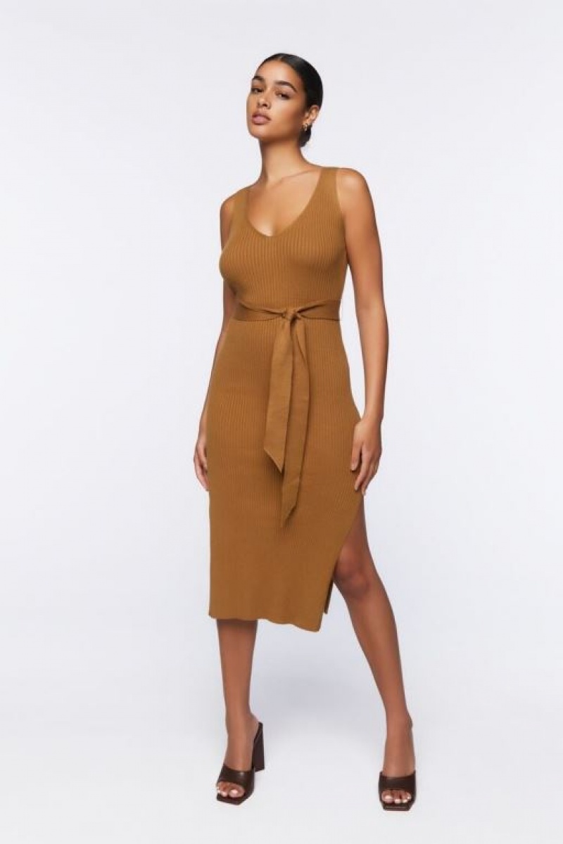 Vestido Forever 21 Belted Acanalado M Slit Midi Mujer Maple | fRTM9Jh6XIg