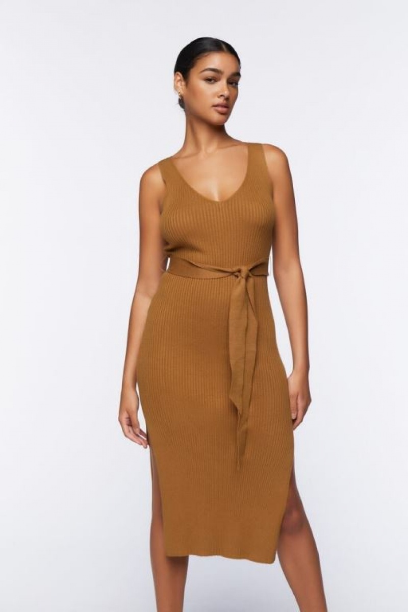 Vestido Forever 21 Belted Acanalado M Slit Midi Mujer Maple | fRTM9Jh6XIg