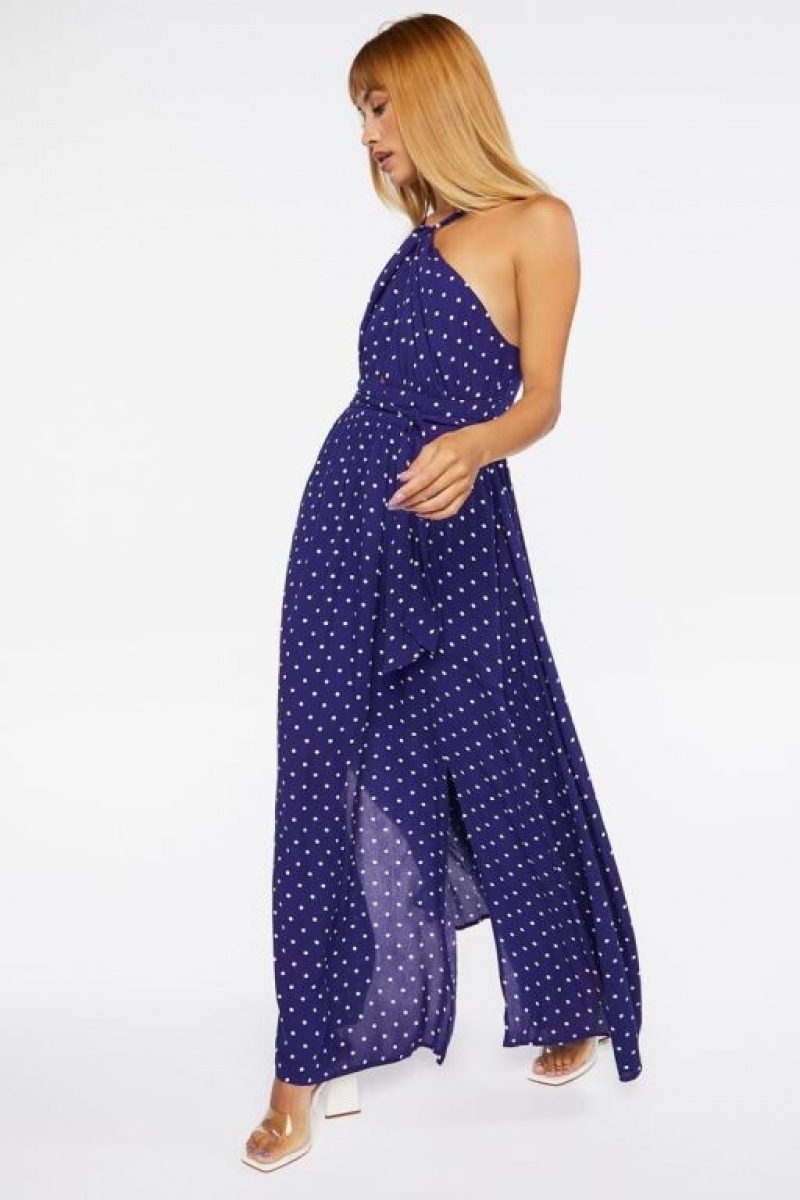 Vestido Forever 21 Belted Polka Dot Halter Maxi Mujer Azul Marino Blancas | hRS1RjB4pIt