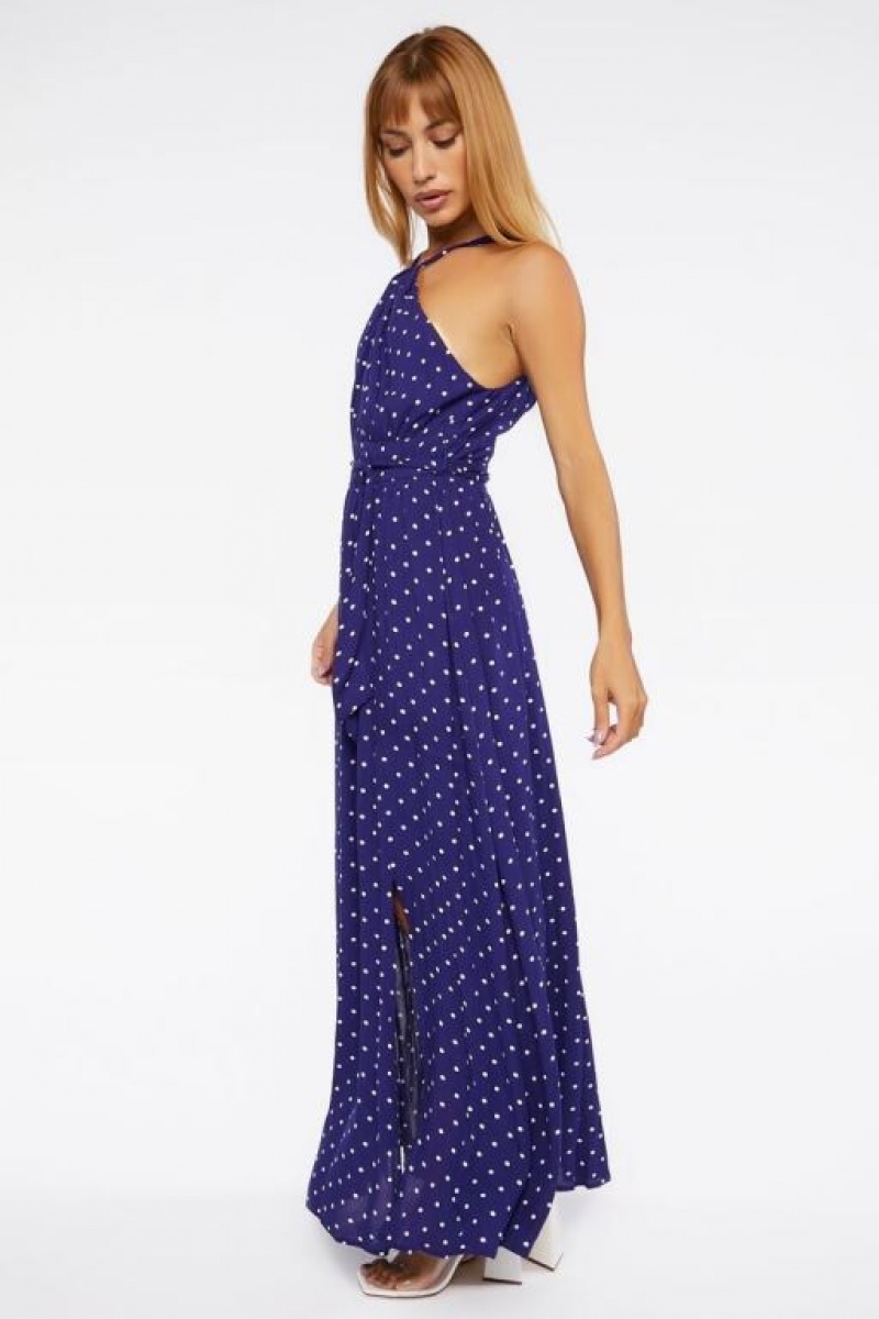 Vestido Forever 21 Belted Polka Dot Halter Maxi Mujer Azul Marino Blancas | hRS1RjB4pIt