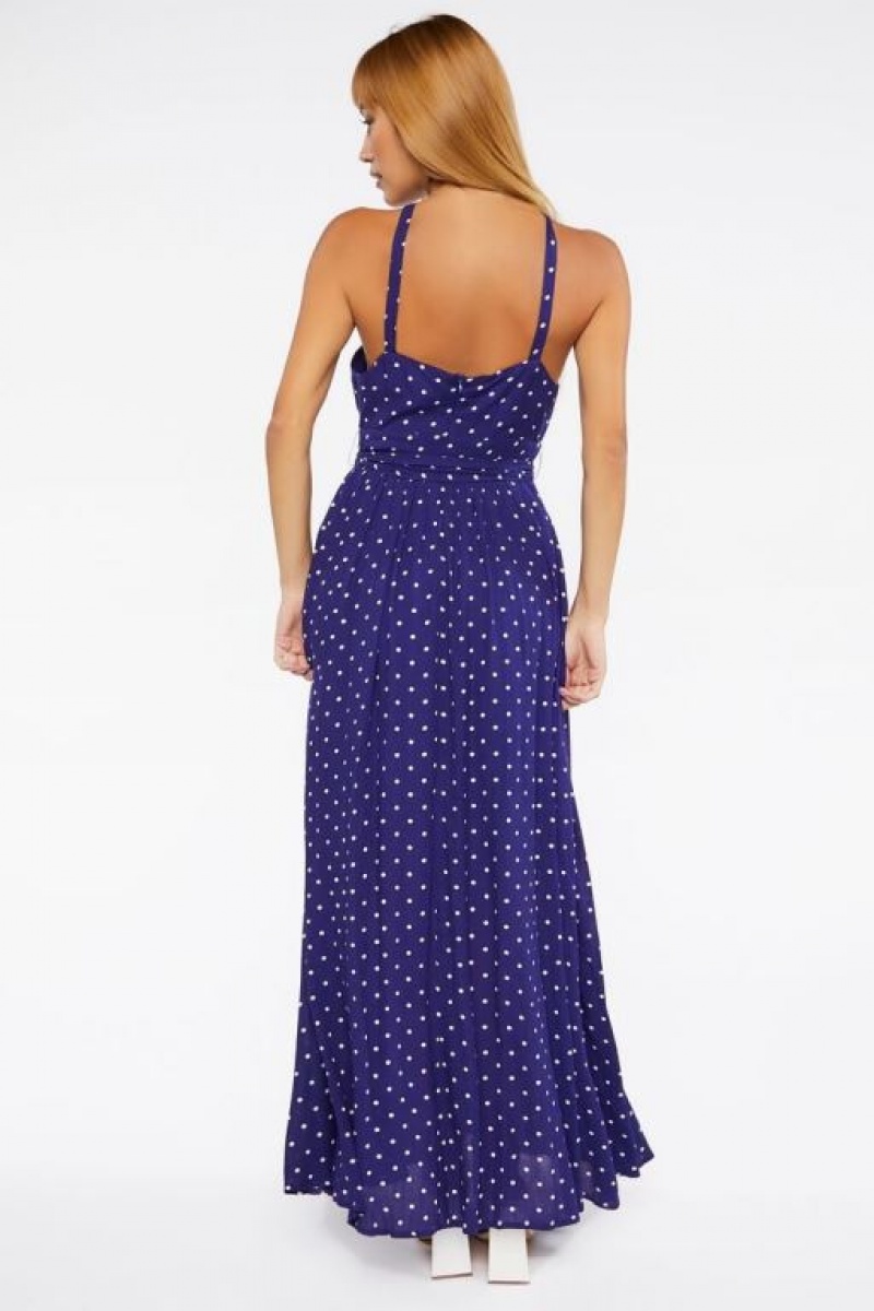 Vestido Forever 21 Belted Polka Dot Halter Maxi Mujer Azul Marino Blancas | hRS1RjB4pIt