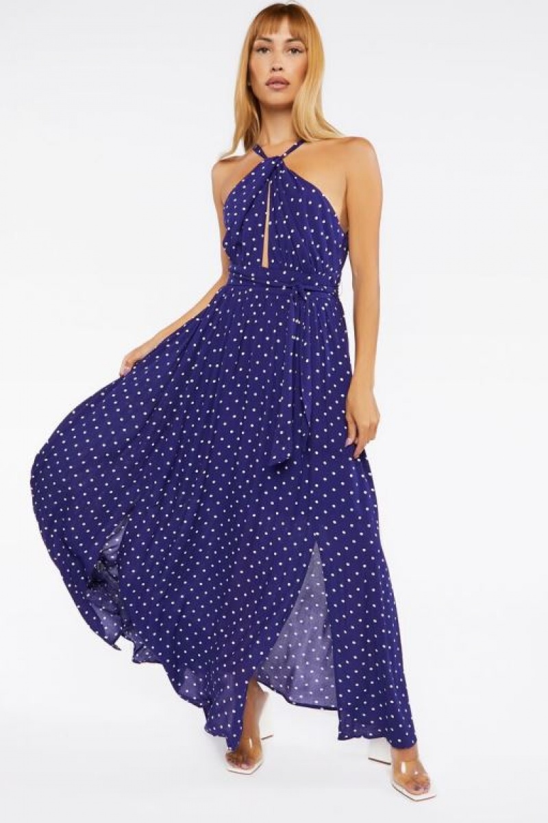 Vestido Forever 21 Belted Polka Dot Halter Maxi Mujer Azul Marino Blancas | hRS1RjB4pIt