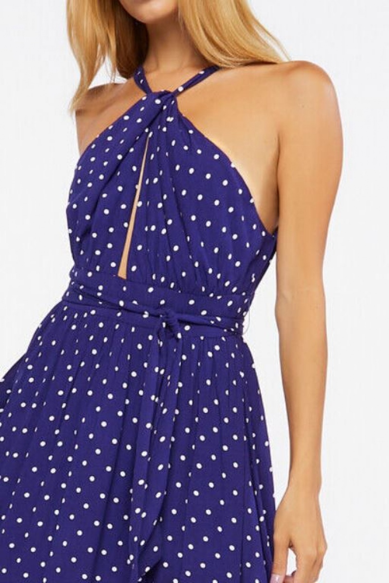 Vestido Forever 21 Belted Polka Dot Halter Maxi Mujer Azul Marino Blancas | hRS1RjB4pIt