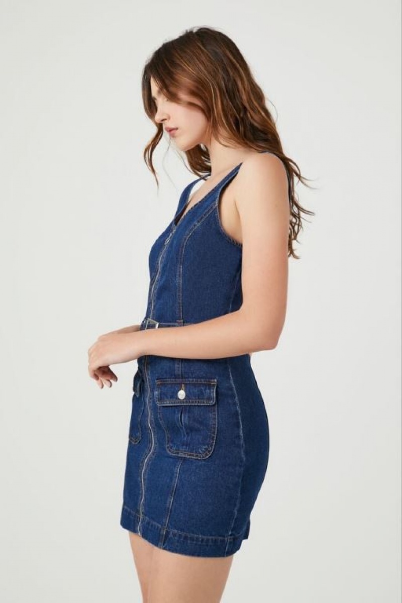 Vestido Forever 21 Belted Zip Front Denim Mini Mujer Azules Oscuro | nk01qjkew12