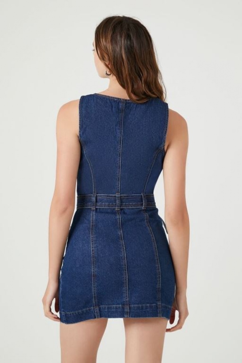 Vestido Forever 21 Belted Zip Front Denim Mini Mujer Azules Oscuro | nk01qjkew12