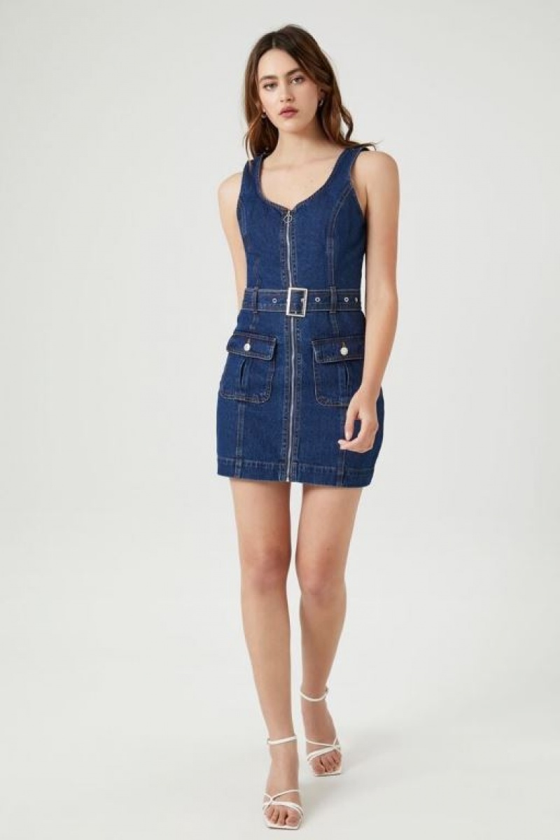 Vestido Forever 21 Belted Zip Front Denim Mini Mujer Azules Oscuro | nk01qjkew12