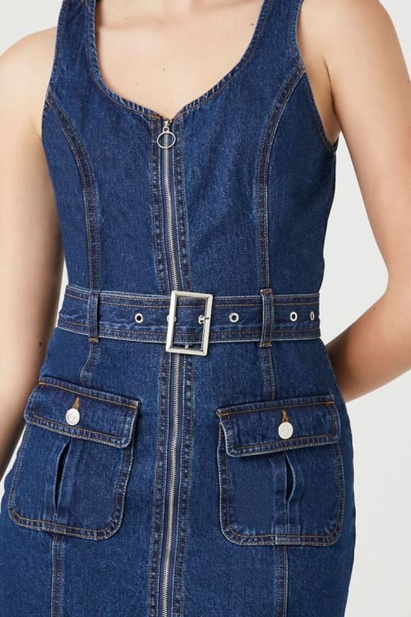 Vestido Forever 21 Belted Zip Front Denim Mini Mujer Azules Oscuro | nk01qjkew12