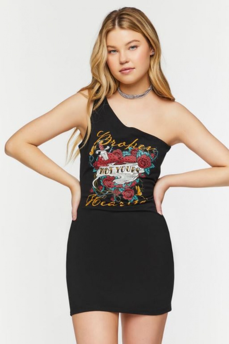 Vestido Forever 21 Broken Hearts Estampadas One Shoulder Mujer Negras Multicolor | tR8oWElxCXy