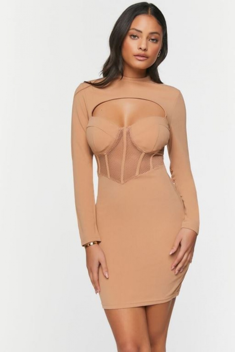 Vestido Forever 21 Bustier Mesh Cutout Mini Mujer Marrones | NM5b3qCI7SY