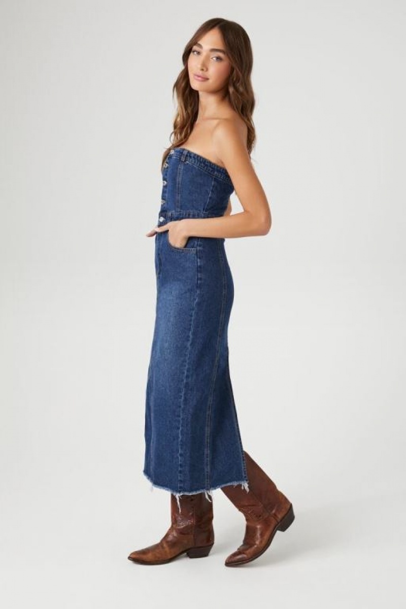 Vestido Forever 21 Button Front Denim Tube Mujer Azules Oscuro | ExjdUVAfZQM