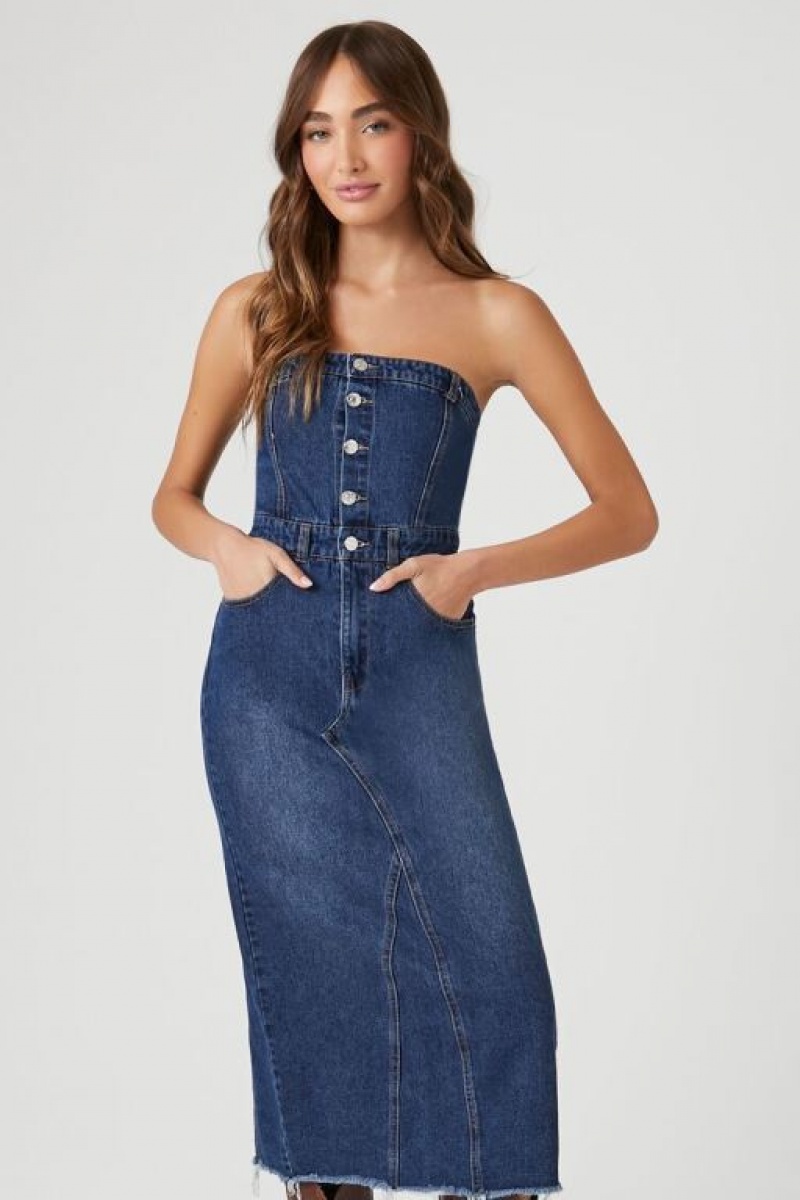 Vestido Forever 21 Button Front Denim Tube Mujer Azules Oscuro | ExjdUVAfZQM