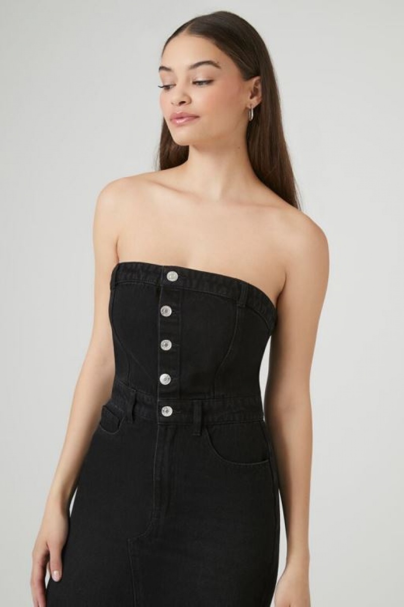 Vestido Forever 21 Button Front Denim Tube Mujer Negras | OCCYSl219bY