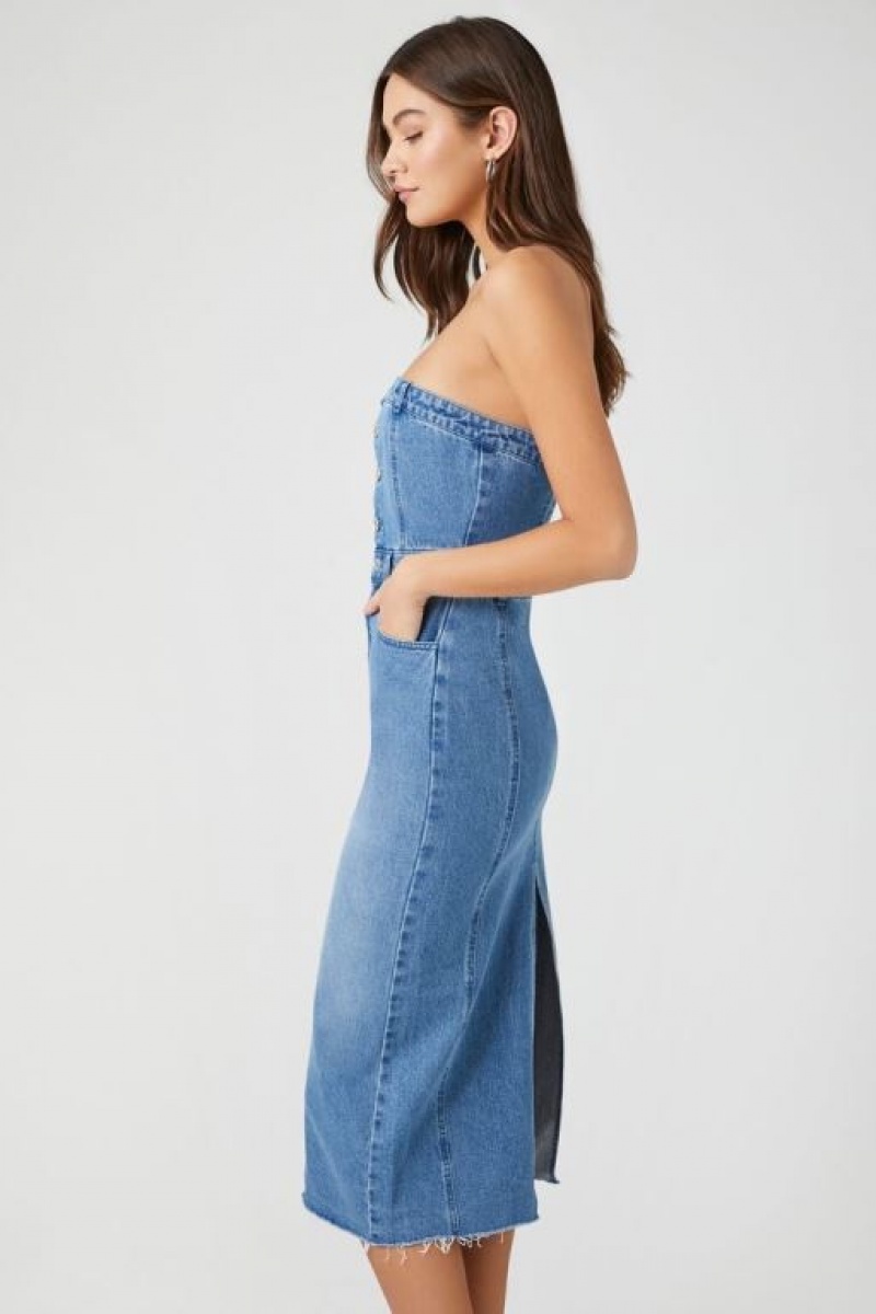 Vestido Forever 21 Button Front Denim Tube Mujer Azules | J0tJSWSx5aB