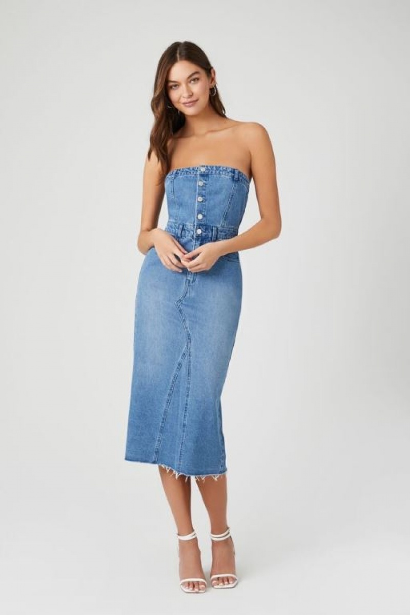 Vestido Forever 21 Button Front Denim Tube Mujer Azules | J0tJSWSx5aB