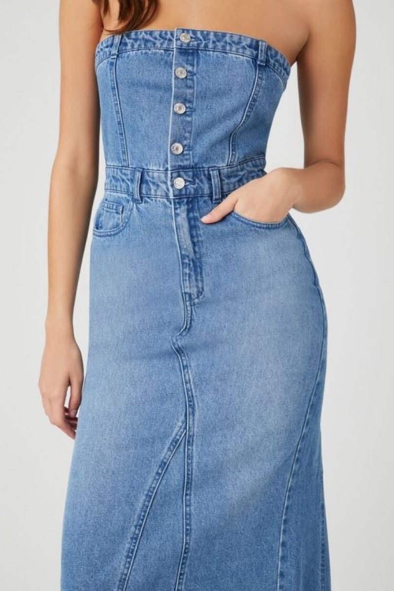 Vestido Forever 21 Button Front Denim Tube Mujer Azules | J0tJSWSx5aB