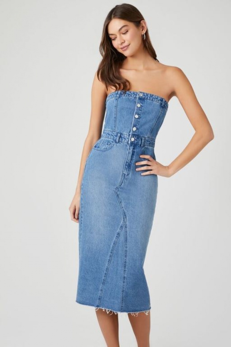 Vestido Forever 21 Button Front Denim Tube Mujer Azules | J0tJSWSx5aB