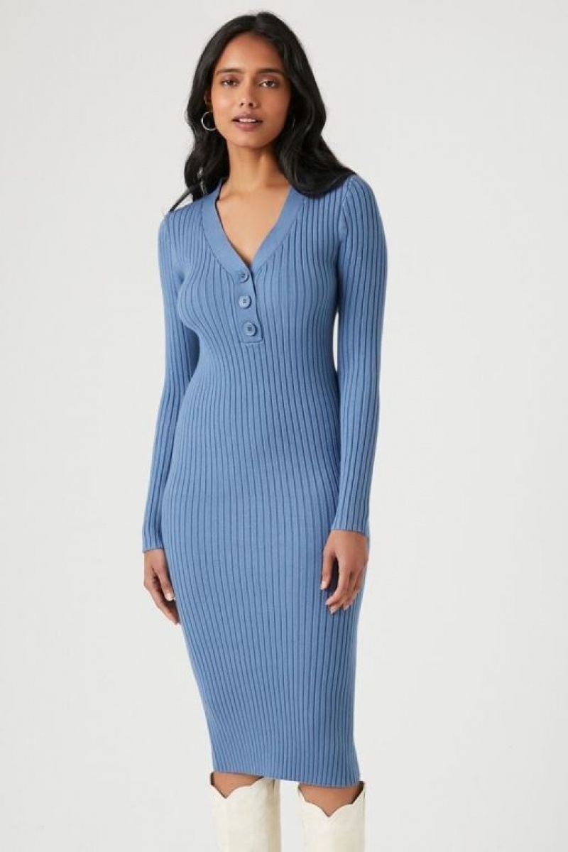 Vestido Forever 21 Button Front Midi Mujer Azules | SggICXknUi8