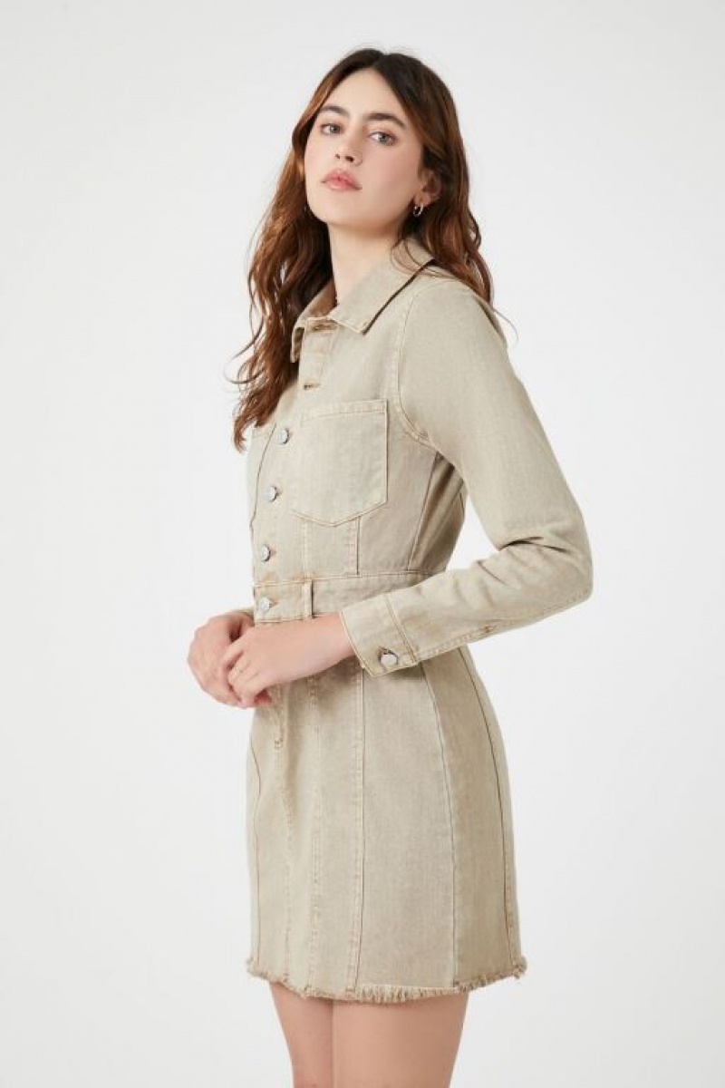 Vestido Forever 21 Button Up Twill Mini Mujer Kaki | FEcIJpNJpsF