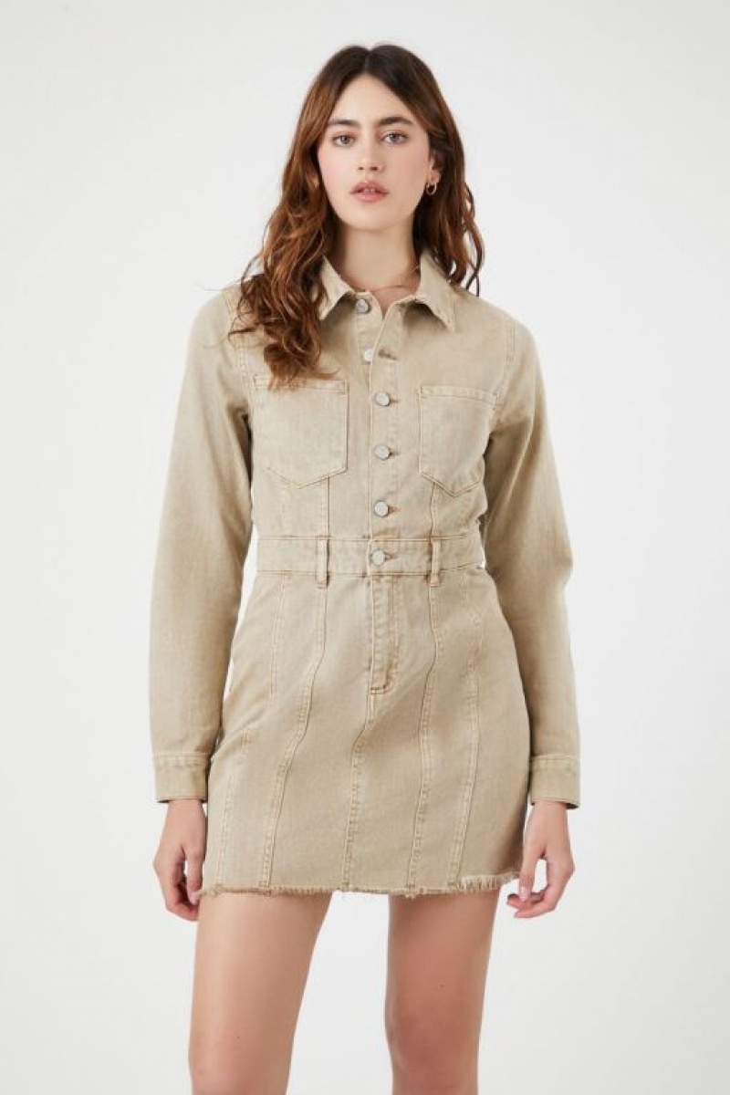 Vestido Forever 21 Button Up Twill Mini Mujer Kaki | FEcIJpNJpsF