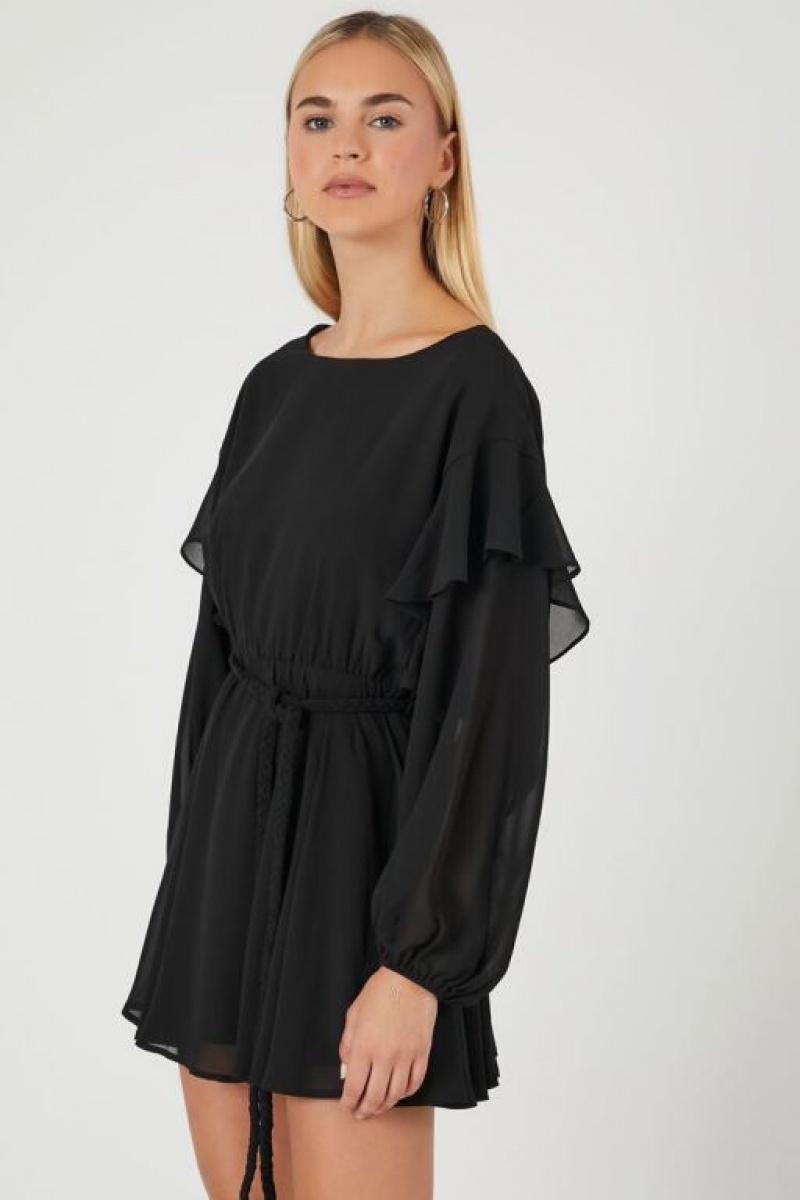 Vestido Forever 21 Chiffon Belted Flounce Mini Mujer Negras | mjlNYgzBj0z