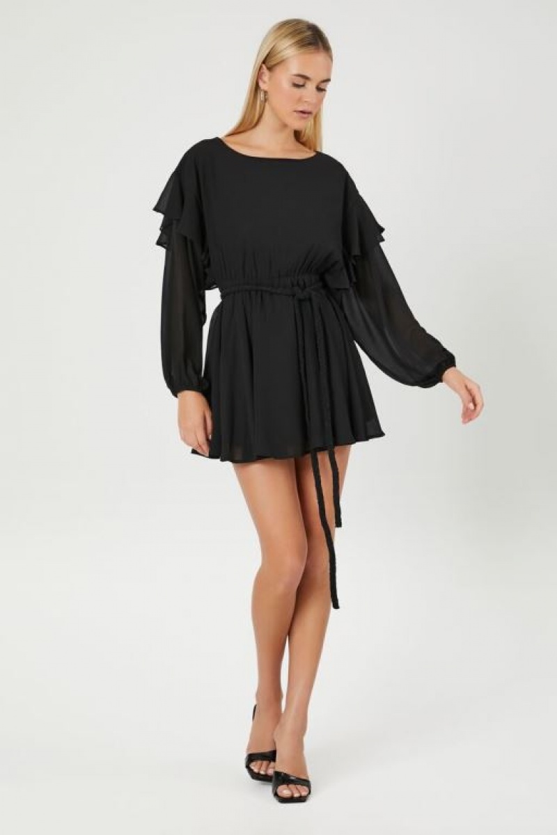 Vestido Forever 21 Chiffon Belted Flounce Mini Mujer Negras | mjlNYgzBj0z