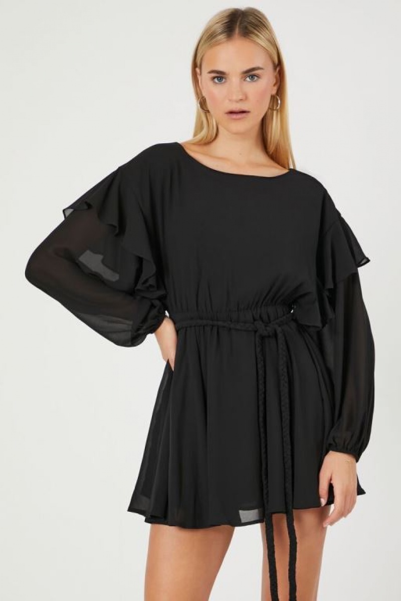 Vestido Forever 21 Chiffon Belted Flounce Mini Mujer Negras | mjlNYgzBj0z