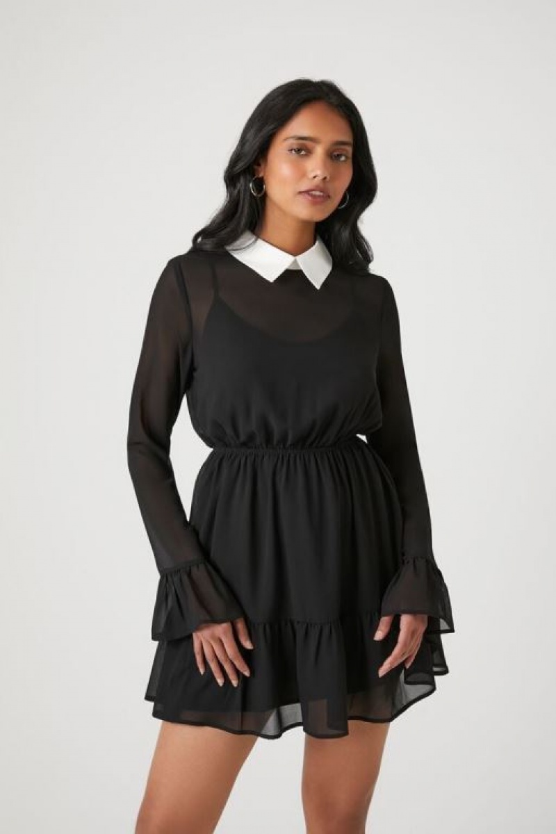 Vestido Forever 21 Chiffon Collared Combo Mujer Negras Blancas | BBnTCKFlvdF