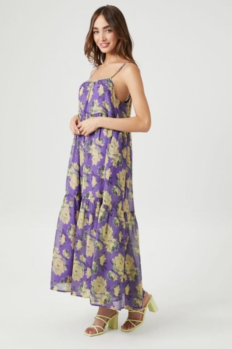 Vestido Forever 21 Chiffon Floral Print Midi Mujer Moradas Multicolor | Na9fb5pwu34