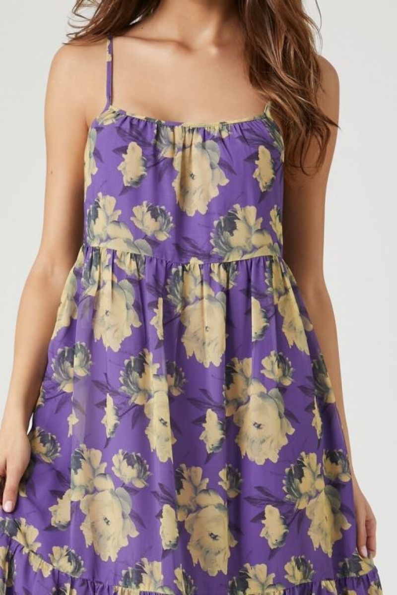 Vestido Forever 21 Chiffon Floral Print Midi Mujer Moradas Multicolor | Na9fb5pwu34