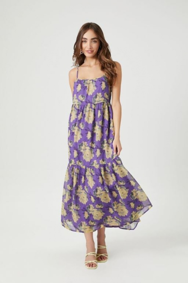 Vestido Forever 21 Chiffon Floral Print Midi Mujer Moradas Multicolor | Na9fb5pwu34