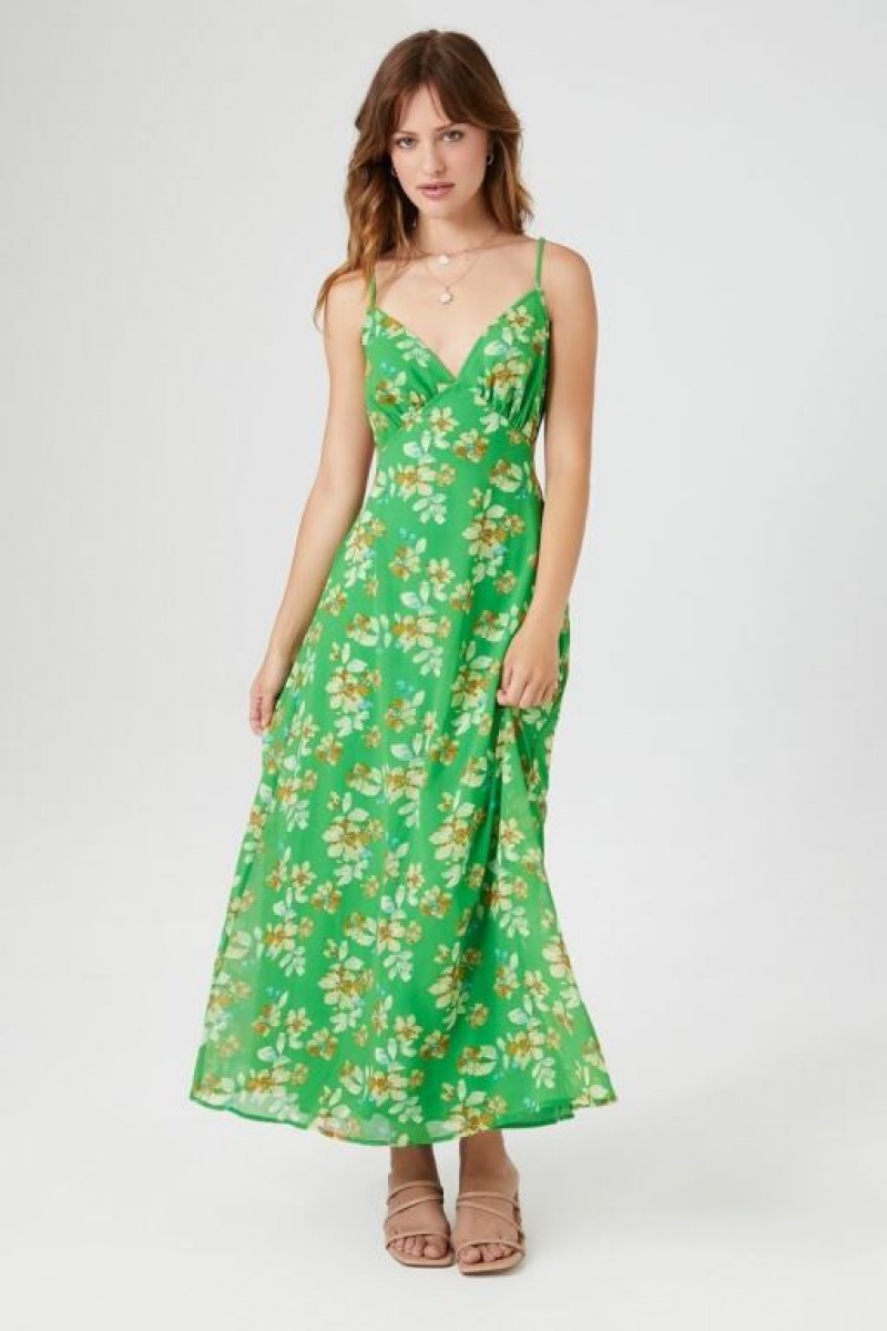 Vestido Forever 21 Chiffon Floral Print Midi Mujer Verde Multicolor | W4JuxuY4CNt