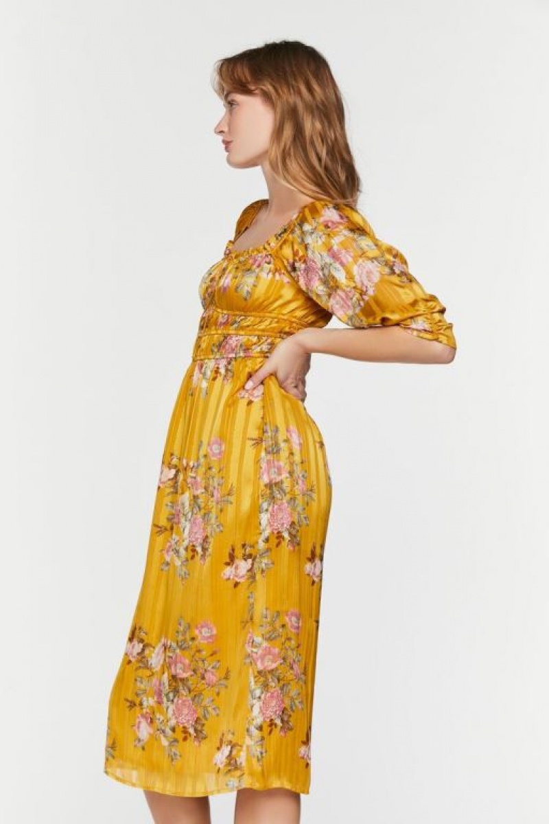 Vestido Forever 21 Chiffon Floral Print Midi Mujer Amarillo Multicolor | VUklfQdECMD