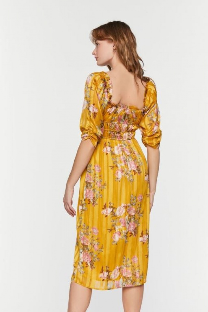 Vestido Forever 21 Chiffon Floral Print Midi Mujer Amarillo Multicolor | VUklfQdECMD