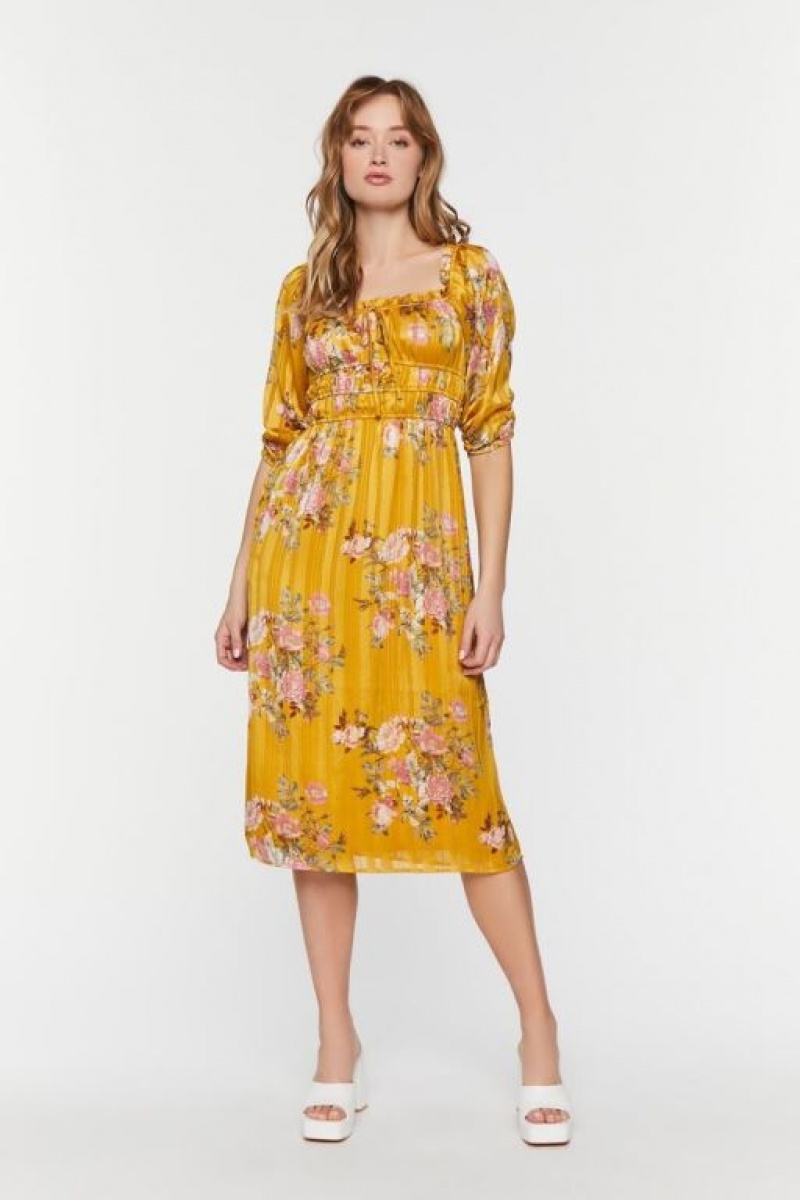 Vestido Forever 21 Chiffon Floral Print Midi Mujer Amarillo Multicolor | VUklfQdECMD