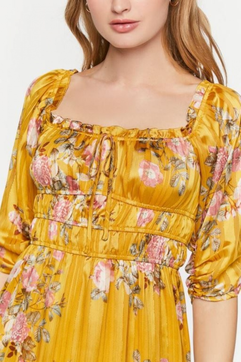 Vestido Forever 21 Chiffon Floral Print Midi Mujer Amarillo Multicolor | VUklfQdECMD