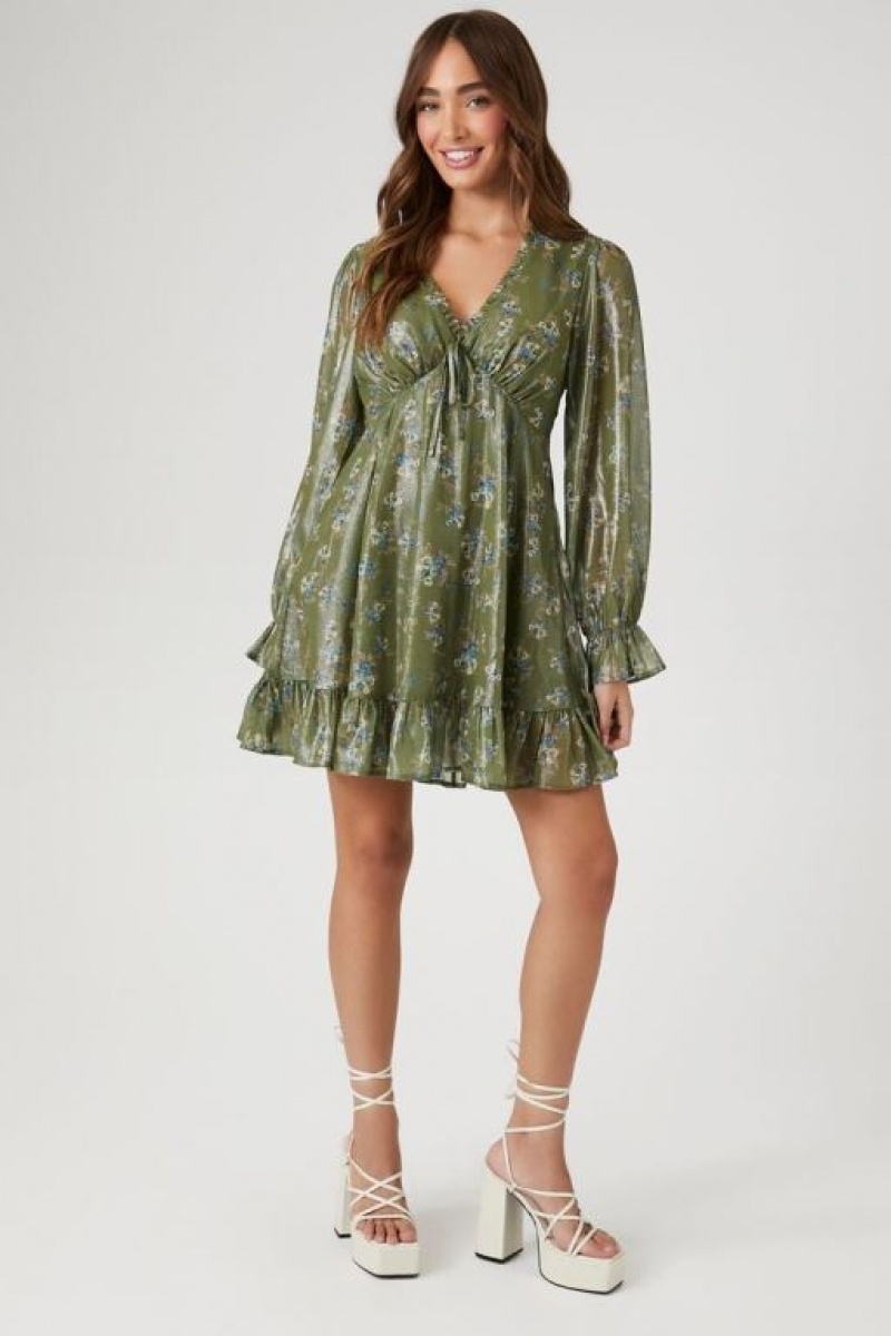 Vestido Forever 21 Chiffon Floral Print Ruffle Mujer Verde Oliva Multicolor | SbaDRVIyppu