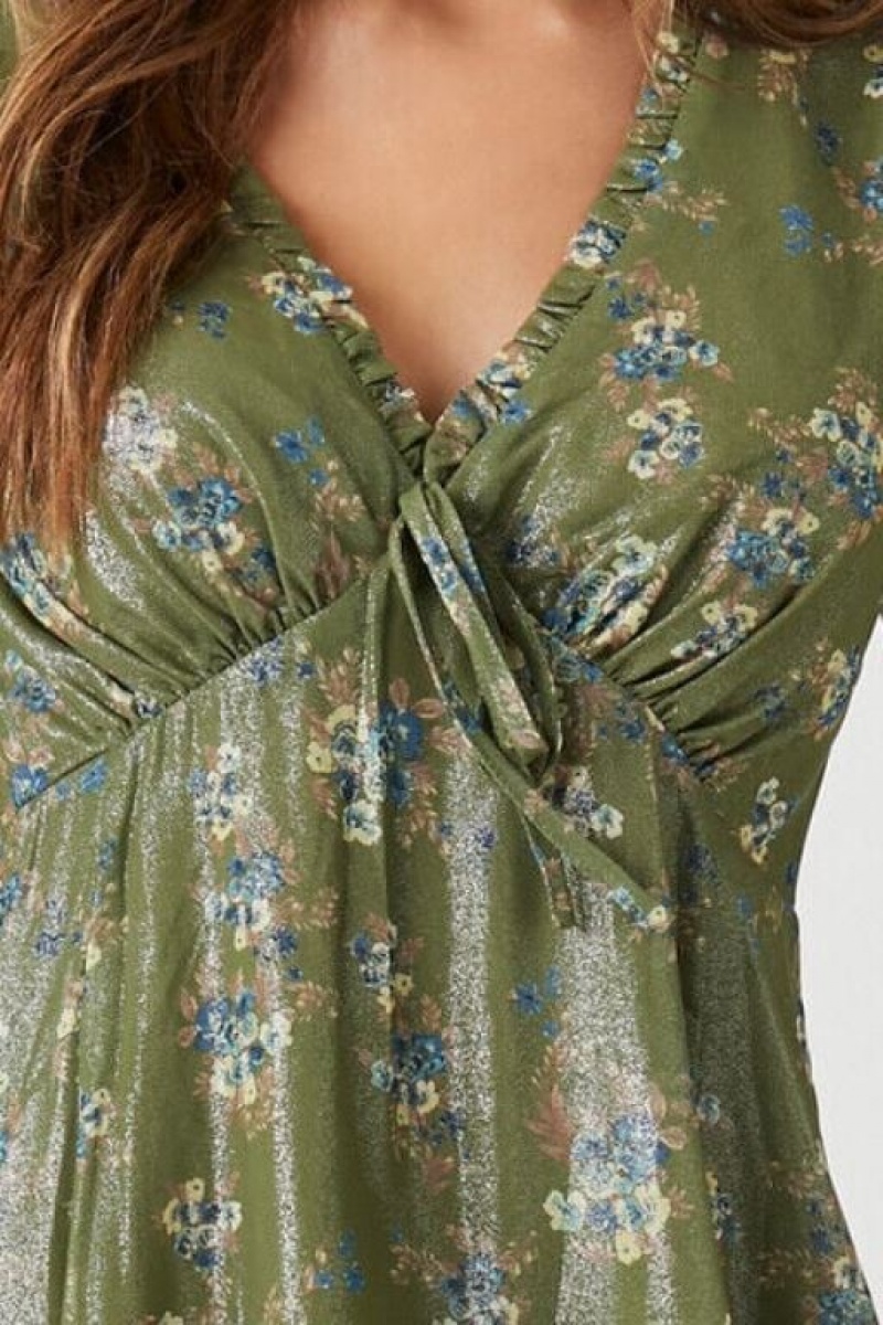 Vestido Forever 21 Chiffon Floral Print Ruffle Mujer Verde Oliva Multicolor | SbaDRVIyppu