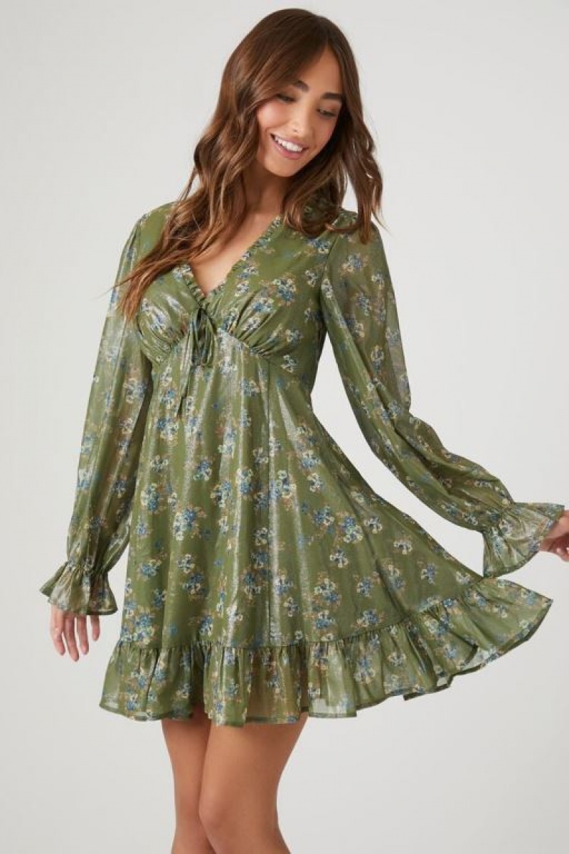 Vestido Forever 21 Chiffon Floral Print Ruffle Mujer Verde Oliva Multicolor | SbaDRVIyppu