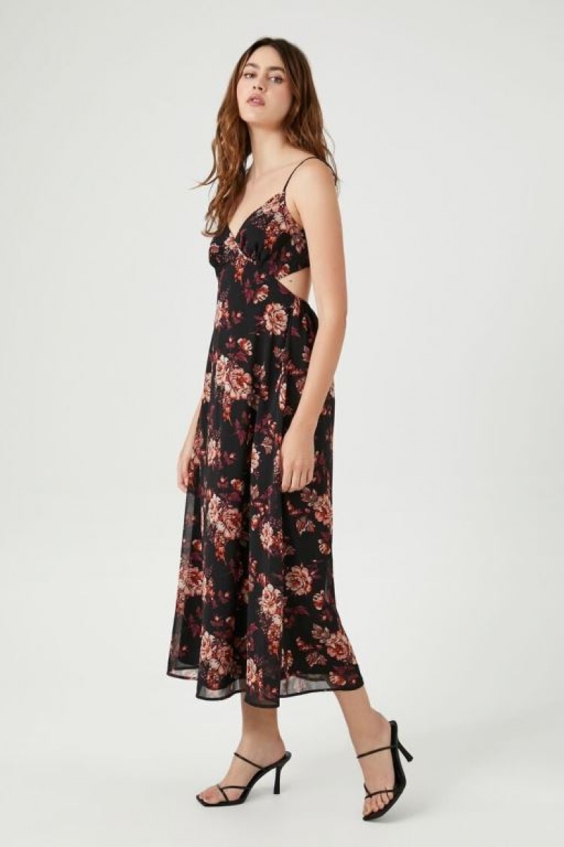 Vestido Forever 21 Chiffon Floral Surplice Midi Mujer Negras Multicolor | 4h0TjILWvH9