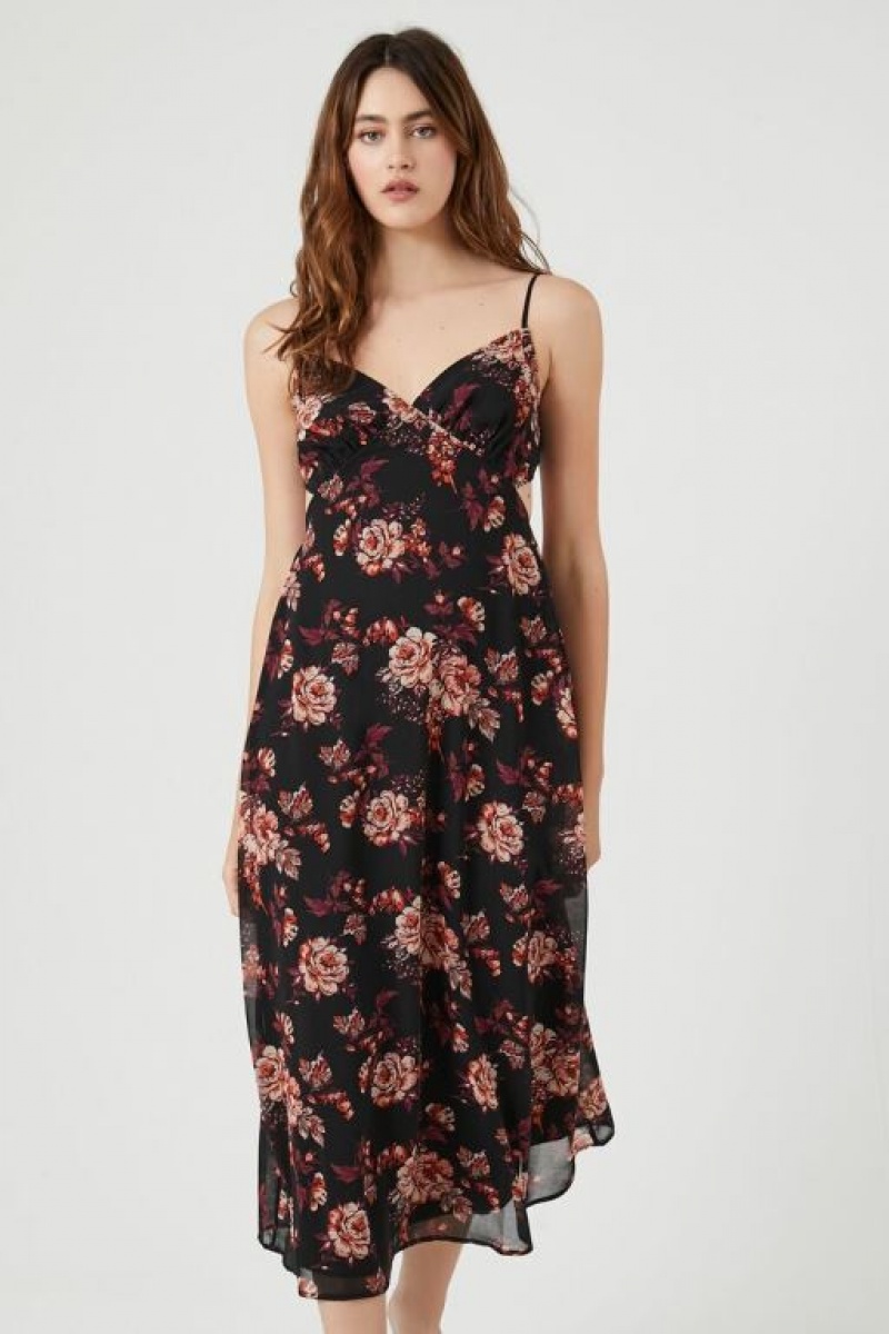 Vestido Forever 21 Chiffon Floral Surplice Midi Mujer Negras Multicolor | 4h0TjILWvH9