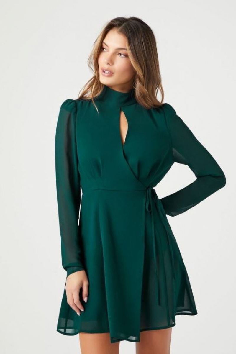 Vestido Forever 21 Chiffon Keyhole Tie Waist Mini Mujer Verde | YBJr30NDS97