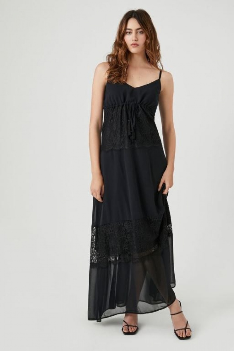 Vestido Forever 21 Chiffon Lace Trim Maxi Mujer Negras Negras | Vtsg1Noik4w