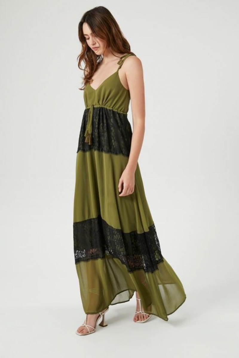 Vestido Forever 21 Chiffon Lace Trim Maxi Mujer Verde Oliva Negras | TztuBigBcGq