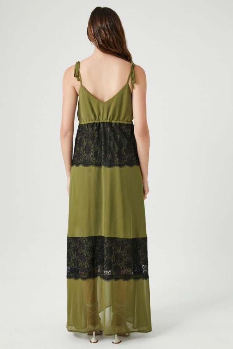 Vestido Forever 21 Chiffon Lace Trim Maxi Mujer Verde Oliva Negras | TztuBigBcGq